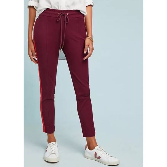 Anthropologie Burgundy Side Stripe Jogger Pants Sporty Chic Pull-On Trousers 4 - Picture 3 of 12